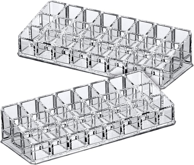 Amazing Abby - Glamour - 2-Pack 24-Slot Acrylic Lipstick Organizer, Lipstick Holder, Lip Gloss Holder, Cosmetic Storage Display, Perfect Storage Solution for Drawer and Vanity (Slot Size: 0.9" x 0.9")
