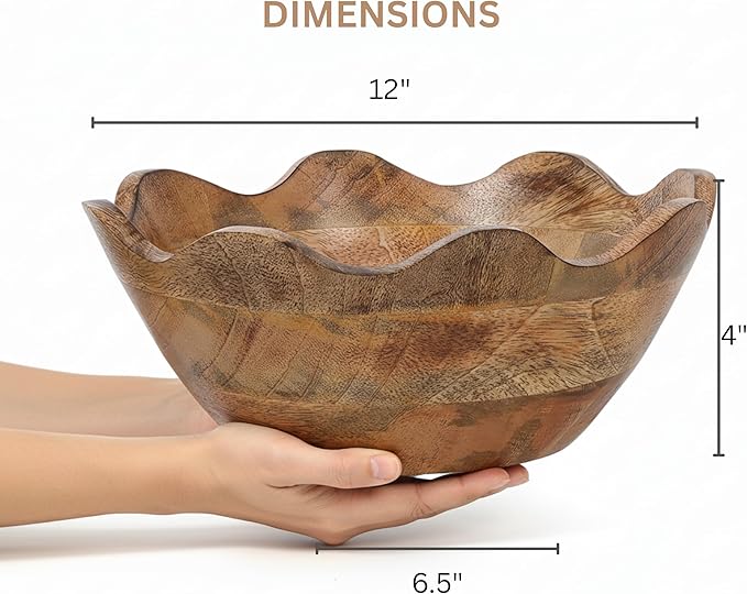 Mela Artisans Scalloped Decorative Wooden Bowl | 12 Inch Mango Wood Fruit & Serving Bowl | Natural Grain Finish | For Kitchen Counter | Snacks | Desserts | Bread | Handcrafted Home Decor