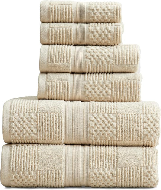 Springtree Home 100% Cotton Bathroom Towel Set | 6 Piece Set - Beige Towels | Geometric Textured Design | Absorbent & Quick-Dry | Oeko-TEX® Standard 100 Cotton | Myla Collection - Sandshell