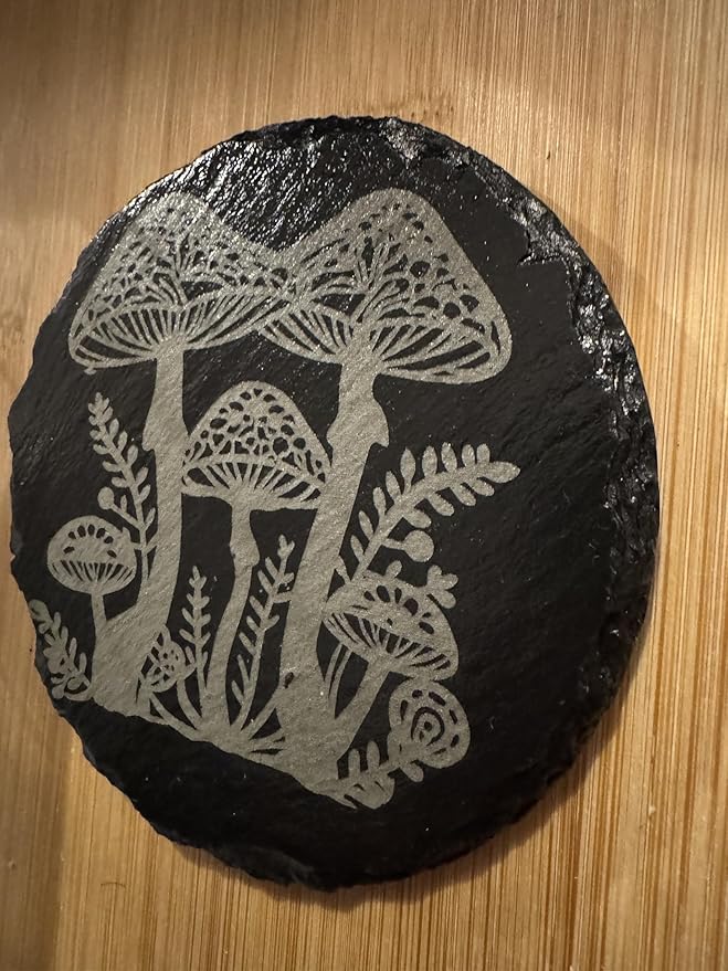 Mushroom Engraved Slate Coaster Set, Natural Stone with Butterfly and Floral Design, Round Shape, Set of 4