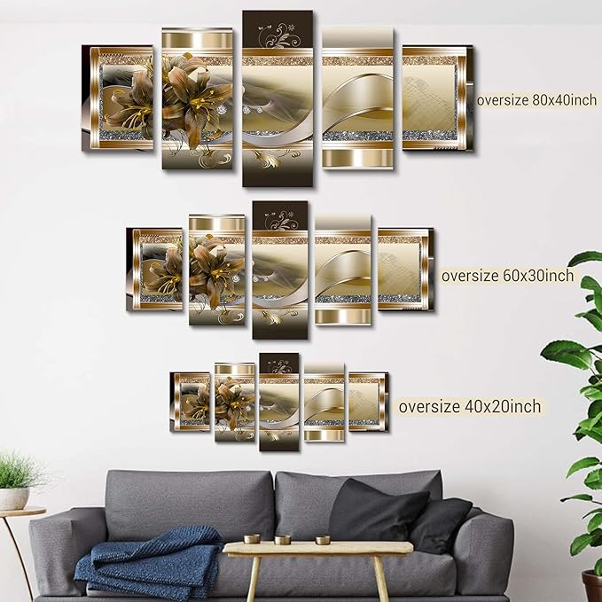 5 Panel Yellow Orchid Flowers Canvas Print - Abstract Golden Floral Wall Decor Poster, 5 pieces Wall Art Painting Decor for Home Decoration Artwork Picture Bedroom Wall Decor (D,Oversize 60x30inch)