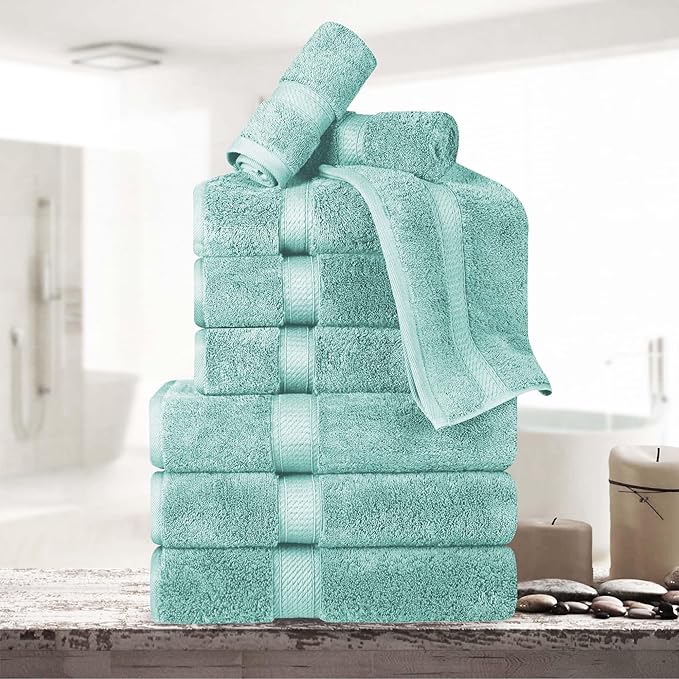 BNM Egyptian Cotton Heavyweight Towels, Ideal For Bathroom, Shower, Spa, Hotel, 800 GSM, Face/ Washcloths, Hand Towels, Bath Towels, Highly-Absorbent, Luxury Home Basics, 9 Piece Towel Set, Sea Foam