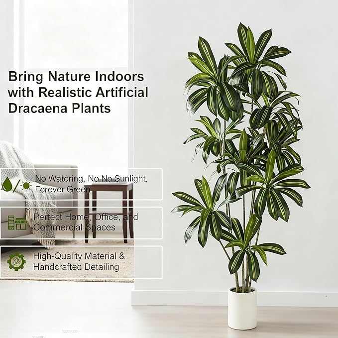 Artificial Dracaena Plant 7FT - Realistic Fake Dracaena Tree Tall Large Faux Silk Plants Fake Floor Potted Artificial Plants for Home Decor, Office Plants