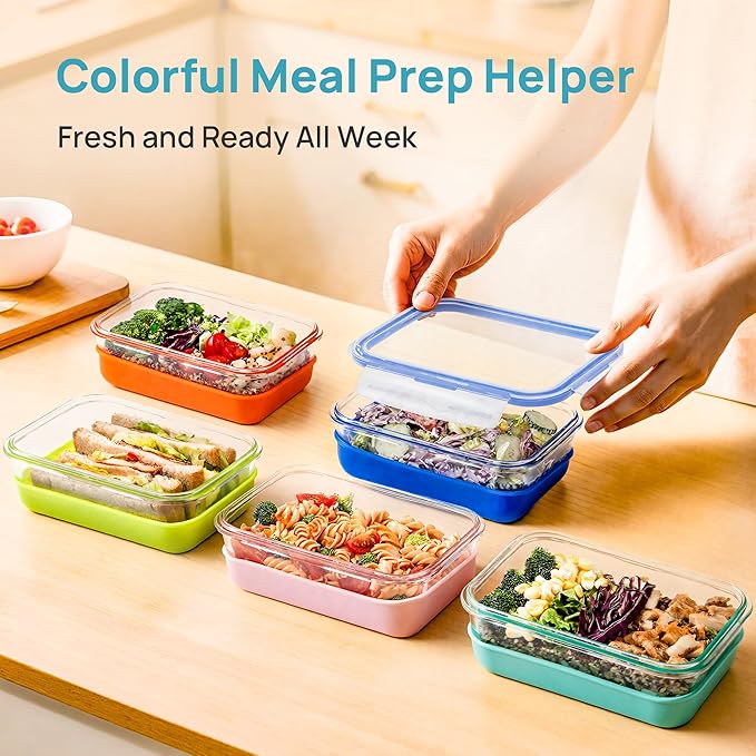 Vtopmart 5 Pack 28oz Glass Food Storage Containers Set with Silicone Sleeve，Glass Meal Prep Containers, Lunch containers with Airtight BPA-Free Plastic Lids, Dishwasher, Microwave, and Freezer Safe