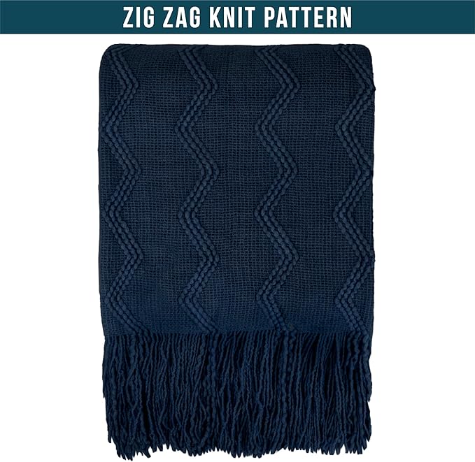 PAVILIA Navy Blue Knit Throw Blanket for Couch Bed, Soft Knitted Farmhouse Sofa Throw for Living Room, Lightweight Decorative Summer Throw Blanket for Chair, Outdoor Textured Boho Blanket, 50x60