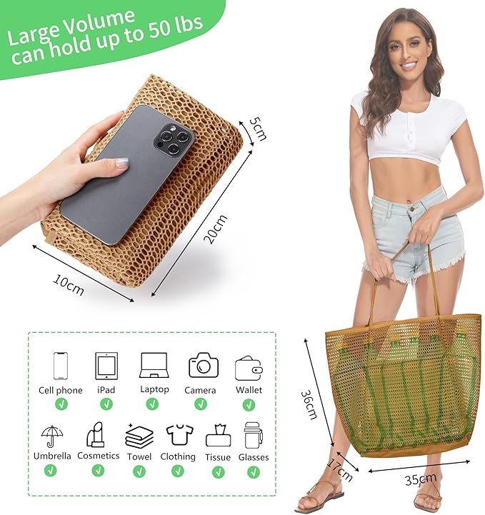 KALIDI BeachNylon Mesh Tote Bag, Casual Tote Bag Hobo Women Foldable MAX 23L Shoulder Bag For Beach Picnic Vacation