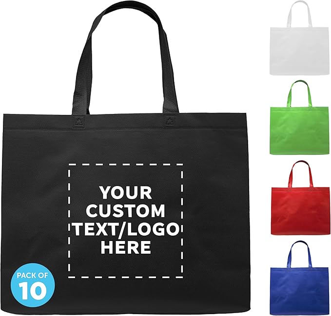 DISCOUNT PROMOS Custom Jumbo Sized Tote Bags Set of 10, Personalized Bulk Pack - Reusable Grocery Bags, Shopping Bags, Promotional Item Totes for Women - Black