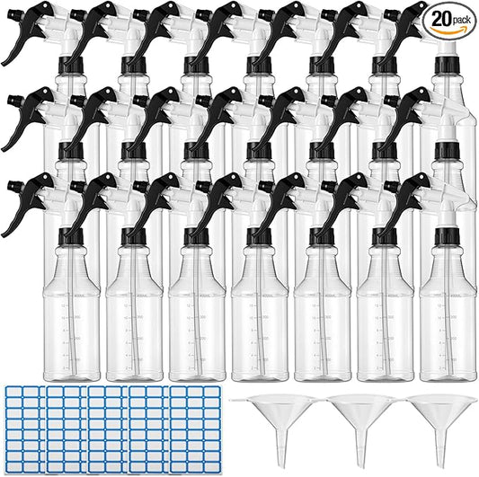 Eccliy 20 Pack 16oz Empty Spray Bottles, Leakproof Cleaning Bottles with Measurement and Adjustable Nozzle for Housekeeping, Commercial Use(Clear Cylinder,Black White Spray Head)