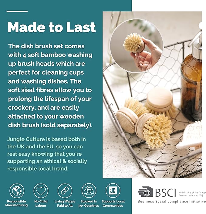Jungle Culture Replacement Brush Heads for Eco Dish Brush • Wooden Washing Up Brush Heads Pack of 4 • Interchangeable Soft Bristle Refills • Natural Dish Scrubbers • Zero Waste Cleaning Products