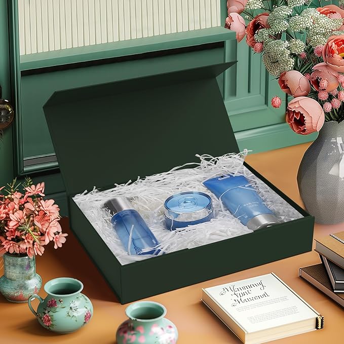 Gift Box with Lids, 11.5 x 8.5 x 2.3 In Magnetic Closure Collapsible Gift Boxes for wraps gifts of T-Shirts, Gloves, Scarves, Candy, Baby Clothes, Jewelry, Books, Comes with a Ribbon(Forest green)