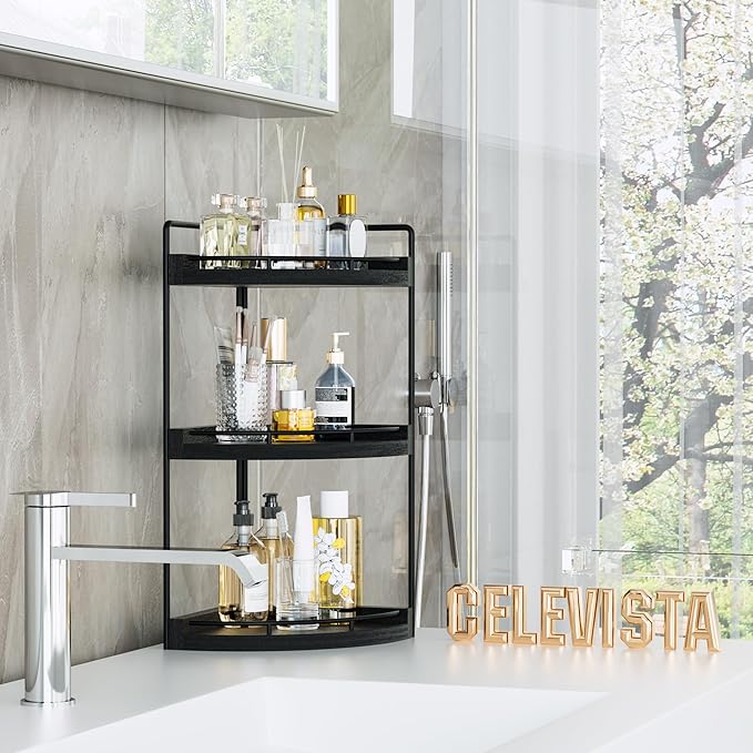 Corner Bathroom Counter Organizer, 3 Tier Bathroom Sink Shelf Countertop, Wood Vanity Skincare Storage for Toiletries Decor, Makeup, Dresser(Black)