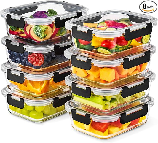 Sorbus 16pc (8 Rectangular 35oz Food Storage Containers and 8 Airtight Lids) – 4.4 Cup Glass Meal Prep Containers, Dishwasher, Freezer, and Oven Safe – Reusable Glass Food Containers for Meal Prep