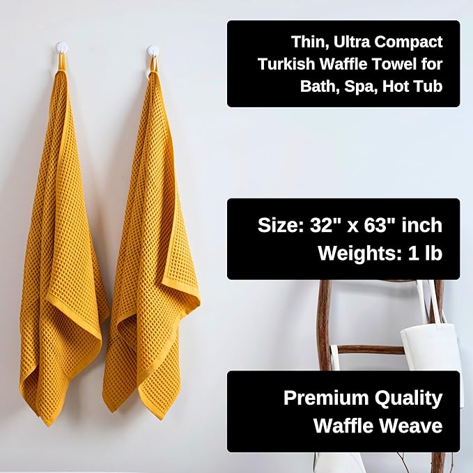PÜSKÜL Premium Waffle Bath Towels Set of 2 - Organic 100% Turkish Cotton Bath Towel - Quick Dry, Absorbent, Light, Thin, 32x63 Large Waffle Towels (Mustard Yellow Bath Towels - Pack of 2)
