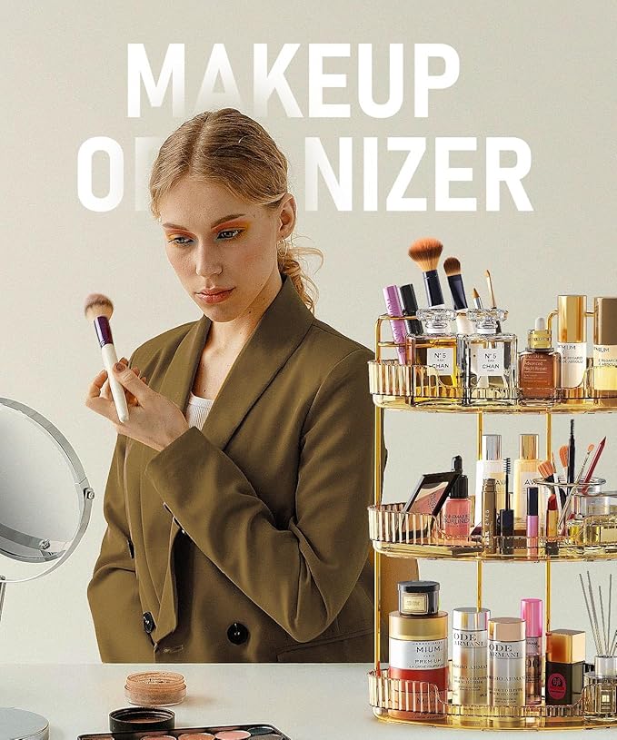 3-Tier Corner Bathroom Counter Organizer Makeup Cosmetic Storage, Tool-Free Installation Acrylic Vanity Shelf, Countertop Storage Organizers Perfume Tray for Bathroom, Dresser, Kitchen (Gold)