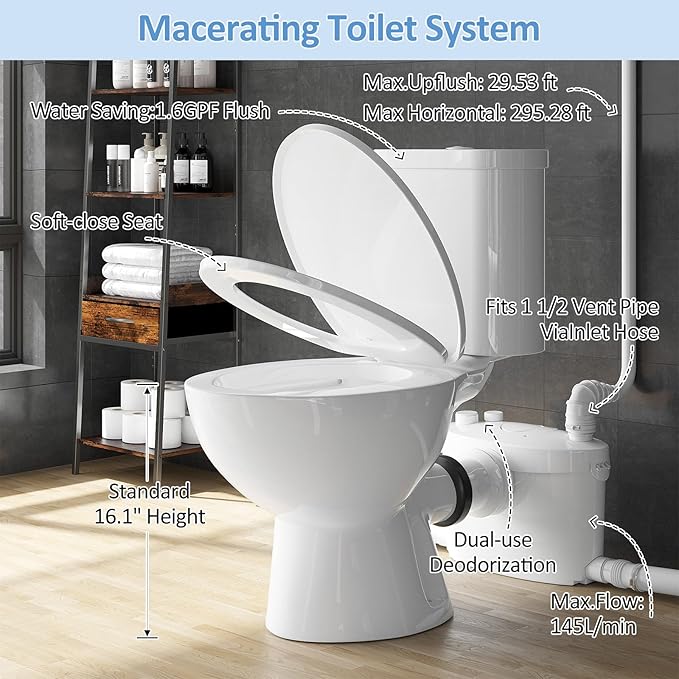 Simple Project 600W Macerating Toilets of Upflush Toilet for Basement | Macerating Toilets System with Macerator Pump, Upflow Toilet System Included Water Tank, Toilet Bowl＆Seat, Extension Pipe