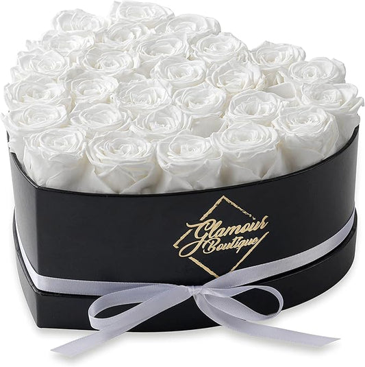 GLAMOUR BOUTIQUE 27 Flower Forever Heart Shape Box - Preserved Roses Gift for Her, Preserved Flowers, White