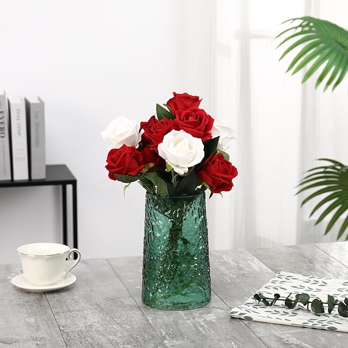 Green Glass Vase, Flower Vases for Bouquet, Modern Glass Vase for Flowers, Large Vases for Living Room, Bedroom, Kitchen, Office, Wedding, Dining Table, 8 Inches