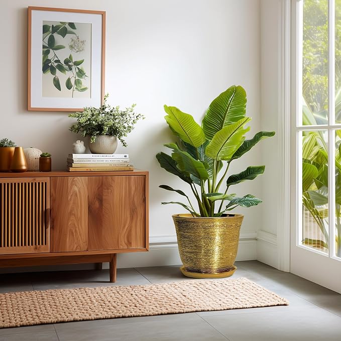 Ceramic Pots for Plants - 12 Inch Planter for Indoor Outdoor, Round Plant Pot with Drainage Hole and Saucer, Decorative Large Planter, Modern Flower Pots, House Decor, Garden Gifts, Gold