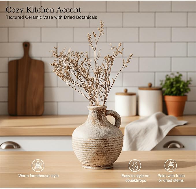 6-Inch Terracotta Ceramic Flower Vase with Handles, Rustic Farmhouse Boho Pottery Centerpiece for Table, Living Room, Shelf & Mantel