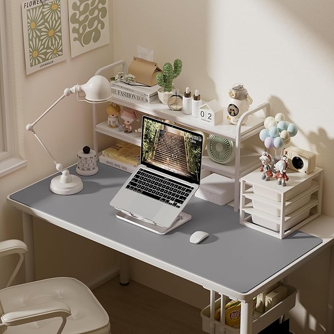 Aothia Leather Desk Pad Protector, Office Desk Mat, Large Mouse Pad, Laptop Desk Pad, Non-Slip PU Leather Desk Blotter, Waterproof Desk Writing Pad for Office and Home (Light Grey, 55" x 24")