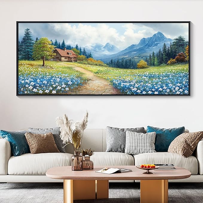 CHATYOUNG Blue Mountains Wall Art, Rustic Forest Flowers Extra Large 32"X71" Wall Picture Path Cottage Landscape Framed Paintings for Living Room Above Sofa Office Bedroom Kitchen Home Decor