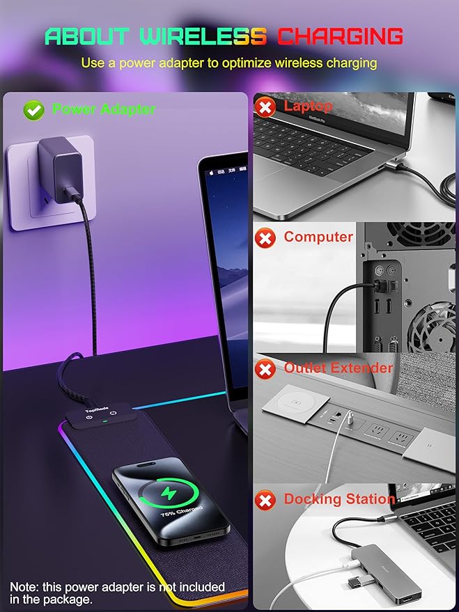 TopMade Mouse Pad with Wireless Charging, 31.5" x 11.81" Large Desk Mat RGB Gaming Mousepad, LED Desk Pad Keyboard Pad with Ultra-Smooth Surface & Non-Slip Rubber Base, Waterproof Desk Pad