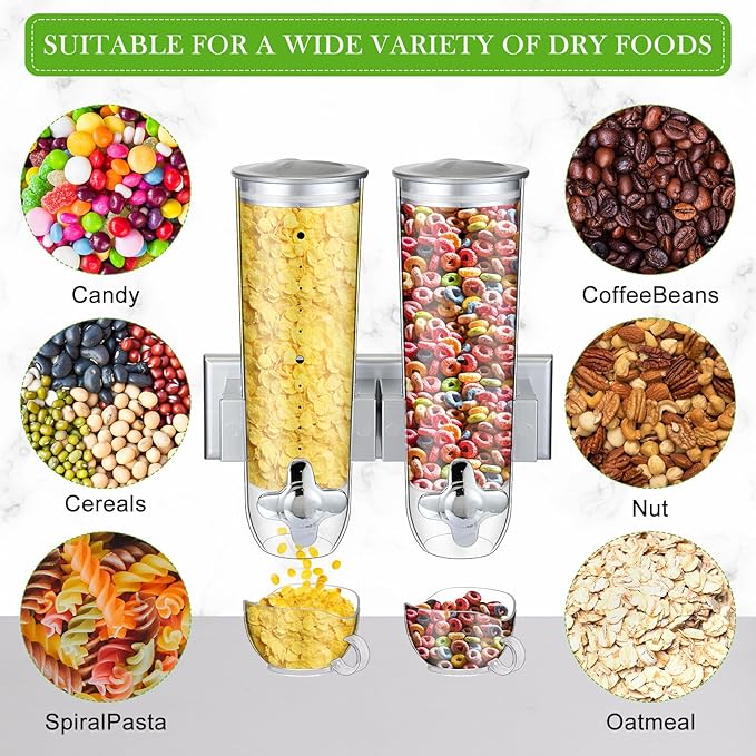 Huwena 4 Sets Cereal Containers Storage,3L Each Set Wall Mounted Cereal Dispenser Dry Food Dispenser Grain Storage Dispenser for Candy Oatmeal Coffee Bean Nuts Food Container (Silver)