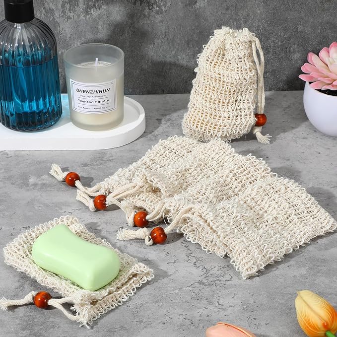 40 Pack Soap Bags Mesh Exfoliating with Drawstring Bar, Natural Sisal Soap Pouch Drying Exfoliating Net for Bath and Shower