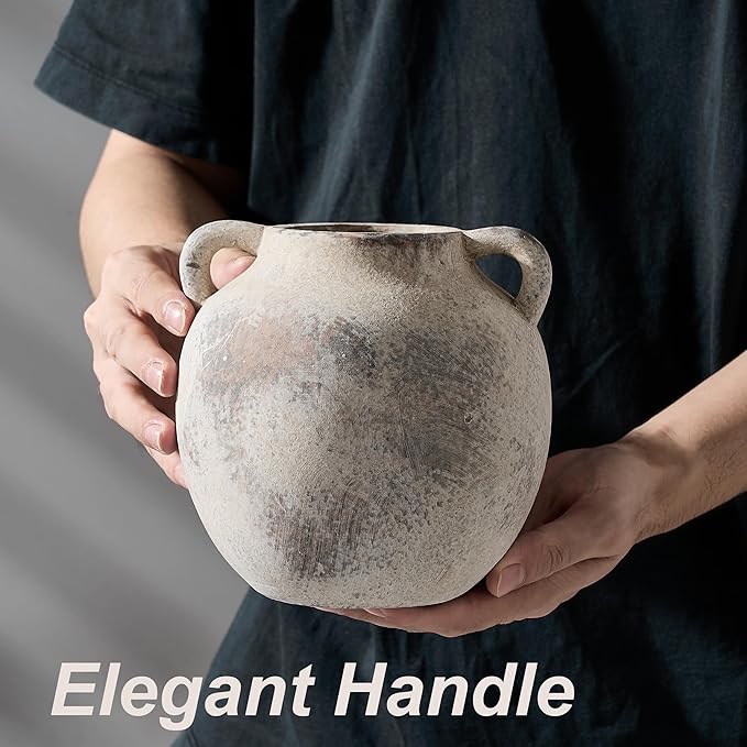 Antique Ceramic Vase, 5.8 Inch Terracotta Vase with Handles, Decorative Rustic Vase for Home Decor, Farmhouse, Living Room, Table, Bedroom, Entrance, Office - Gray