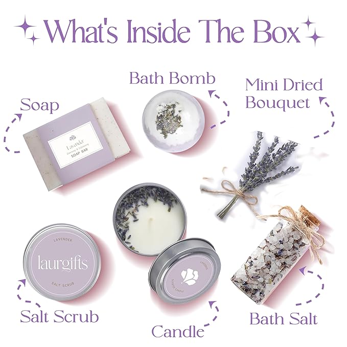Lavender Small Spa Gift Box for Women – Relaxing Self Care Set with Candle, Bath Bomb, Soap & Scrub – Birthday, Thank You, Christmas, Housewarming, Bridal Shower, Get Well Soon Gift Basket for Her