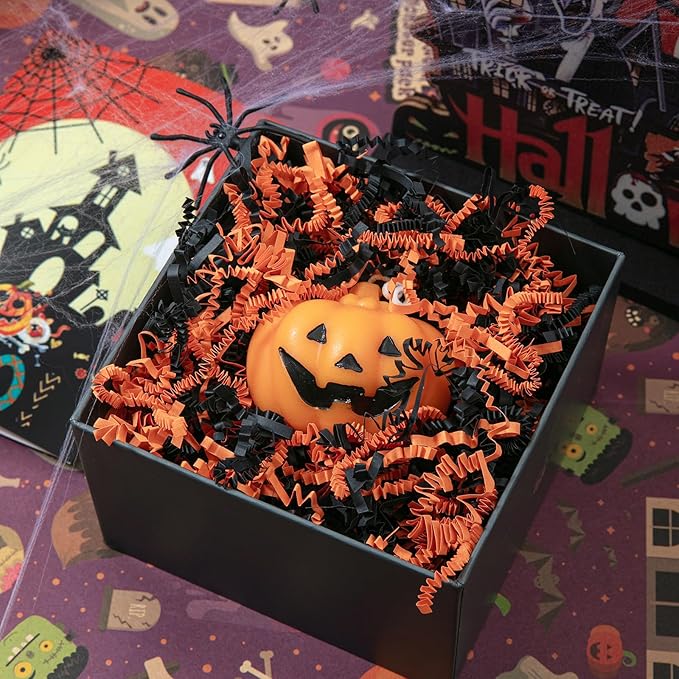 Mefleet 2 LB Halloween Crinkle Cut Paper Shred Filler Black & Orange Crinkle Shredded Paper for Gift Basket - Gift Box Bag Filler - Grass Cushion Stuffing for Halloween Packaging Wrapping