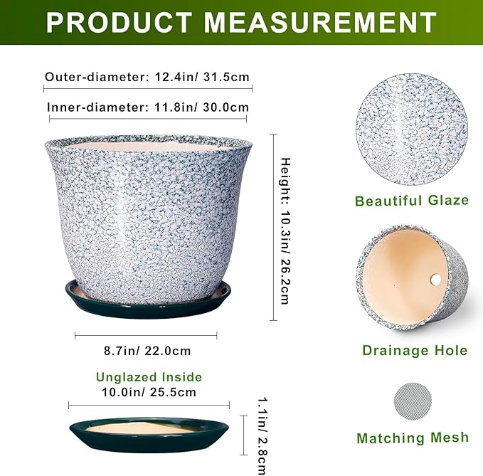 12 Inch Pot for Plants- Ceramic Planter Indoor Outdoor, Round Large Plant Pots with Drainage Hole and Saucer, Decorative Flower Pots, Modern Planter, Garden Decor, Plant Lovers Gifts, Green