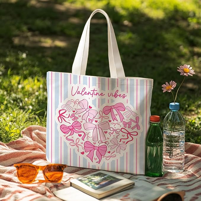 Animals-Flowers-Fruits-Bow Valentines Canvas Heart Tote Bag, Coquette Reusable Shopping Grocery Bags