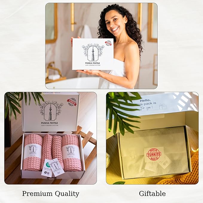 PÜSKÜL - Premium Waffle Towel Set 4 Pieces Pink - Organic 100% Turkish Cotton Quick-Dry Towels for Bathroom Made in Turkiye (Pink Powder, Towel Set - 2 Hand & 2 Bath Towels)