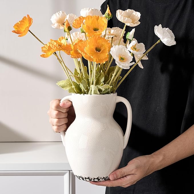 White Ceramic Rustic Vase with 2 Handles, Modern Farmhouse Round Flower Vase, Antique Decorative Vases for Home Decor, Wedding, Living Room, Shelf Decor - 8.3 Inch Tall, Ice Cracked White