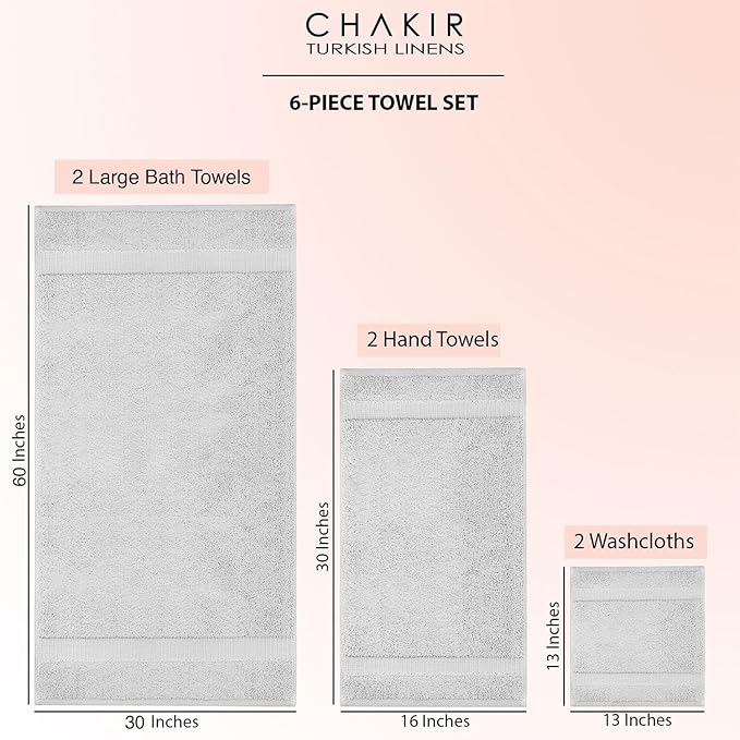 Chakir Turkish Linens 100% Cotton Premium Turkish Towels for Bathroom, 2 Large Bath Towels, 2 Hand Towels, 2 Washcloths (6-Piece Towel Set, Silver)