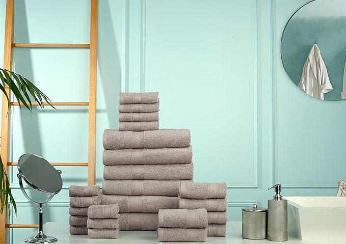 HILLFAIR 24 Piece Bath Towels Set for Bathroom- 100% Cotton 24 PC Bulk Pack Hotel Spa Towel Set- 2 XXL Oversized Big Towels, 4 Bath Towels, 6 Hand Towels, 4 Fingertip Towels, 8 Washcloths: Taupe