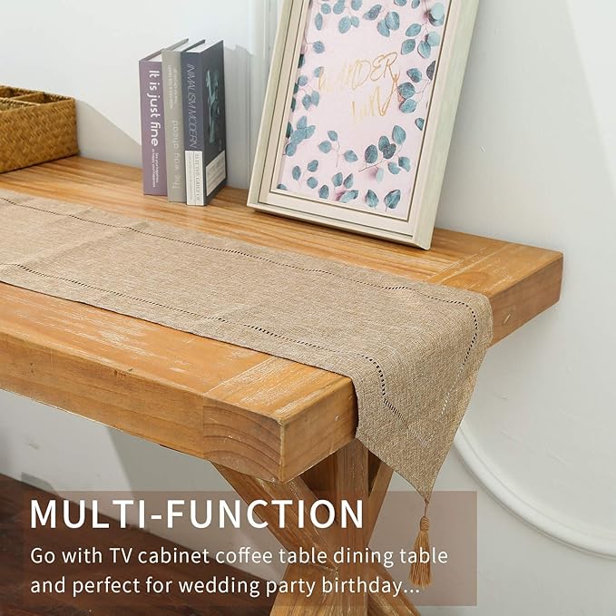 Tosewever Decorative Linen Table Runner with Tassels Tabletop Collection 14 x 72 Inches Table Runners for Everyday Dining Wedding Party Holiday Home Decor (14" x 72", Light Coffee)