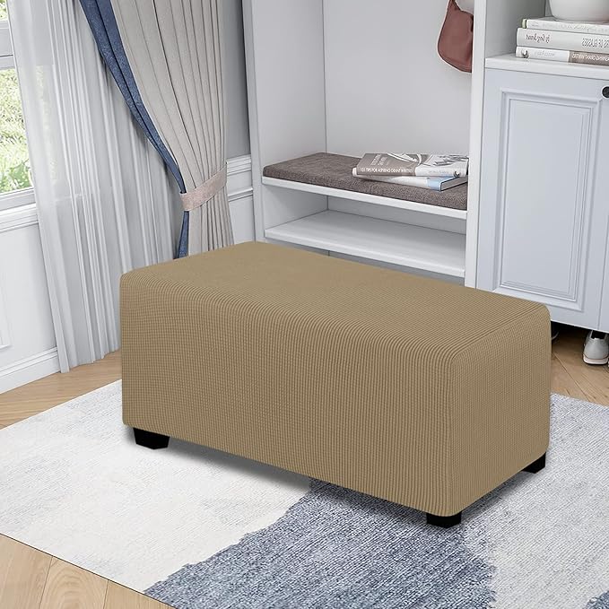 Easy-Going Stretch Ottoman Cover Folding Storage Stool Furniture Protector Soft Rectangle slipcover with Elastic Bottom(Ottoman Large,Tan)