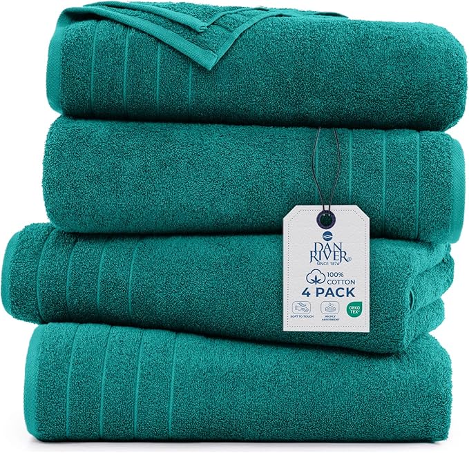 DAN RIVER Bath Towels Set of 4, 30 x 60 Inches, 100% Cotton, Larger & Lighter Weight, Quicker to Dry, Super Soft and Absorbent, Ideal Hotel Towels for Daily Use, Teal