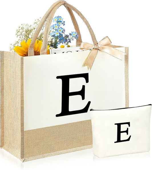 Initial Canvas Tote Bag & Makeup Bag for Women Teacher Bridesmaids，Personalized Present for Wedding, Birthday, Beach