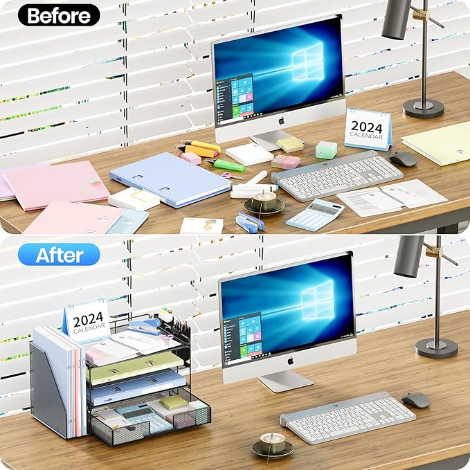 OPNICE Desk Organizer and Accessories, 4-Tier Desktop File Organizer with Drawer and 2 Pen Holders, Office Desk Accessories, File Sorters, Workspace Organizers for Office Supplies(Black)