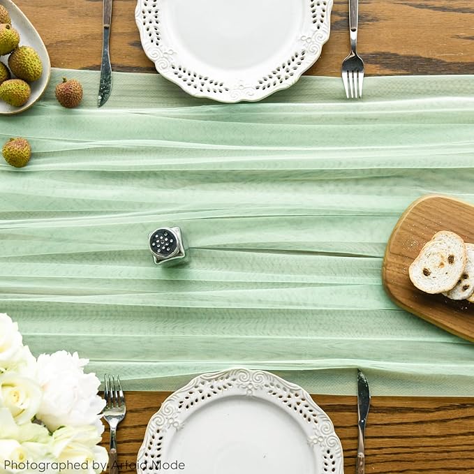Artoid Mode Light Green Gauze Table Runner 120 Inch 10FT, Seasonal Sheer Kitchen Dining Holiday Wedding Birthday Baby Shower Table Decor for Home Party