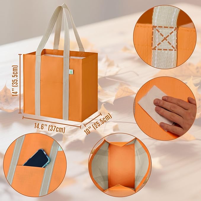 VENO 4 Pack Reusable Grocery Shopping Bags, Heavy-Duty Fall Tote Autumn Market Bags with Handles, for Shopping Cart with Hard Bottom, Foldable (Autumn Orange, 4 Pack)