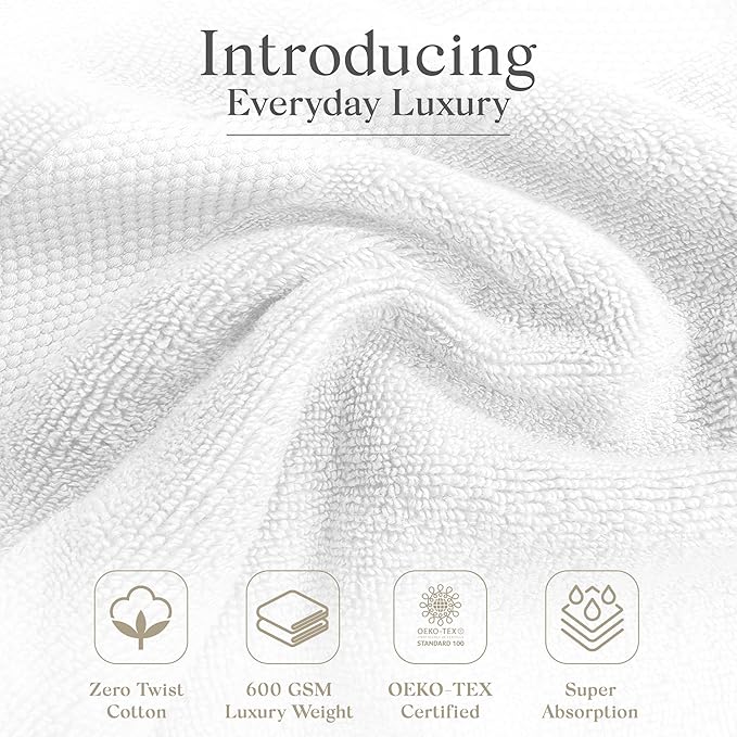 Premium Staple Cotton Bathroom Towel Set - White 600 GSM 6-Piece Luxury Bath Towel Set 1 Stripe - 2 Bath Towels, 2 Hand Towels & 2 Washclothes Set - High Absorbent & Quick Dry for Gym, Spa, Hotel