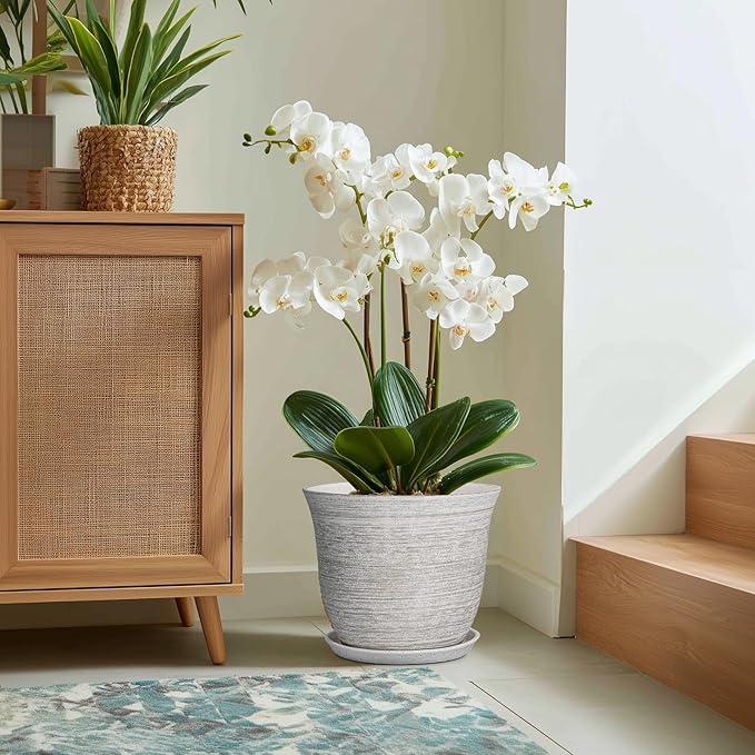 Ceramic Planter - 12 Inch Plant Pot with Drainage Hole and Saucer, Round Large Plant Pots for Indoor Outdoor, Modern Decorative Flower Pots, Garden Room Home Decor, Housewarming Gifts, Grey