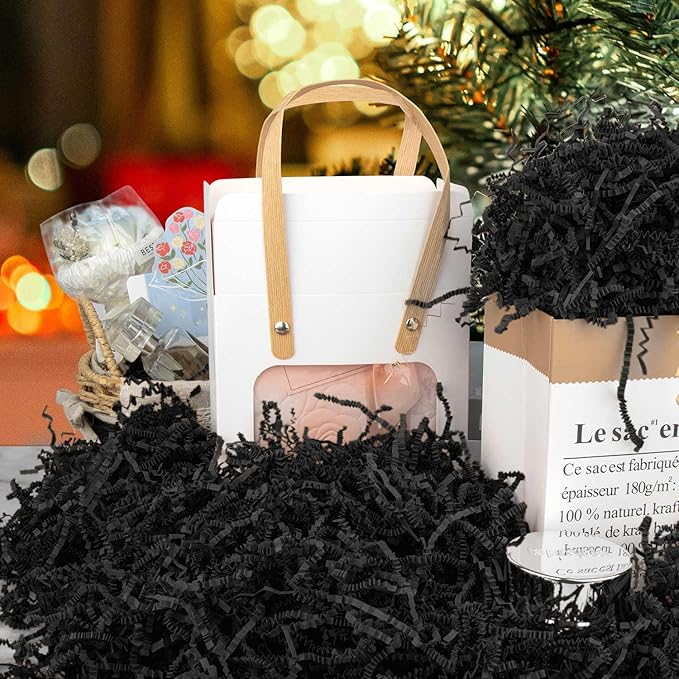 8.5oz Crinkle Paper Filler, Gift Baskets Gift Boxes Crafts Shredded Cut Paper Packaging Decorative Stuffing & Cushioning Confetti for Easter Birthday Wedding Party Favor Black