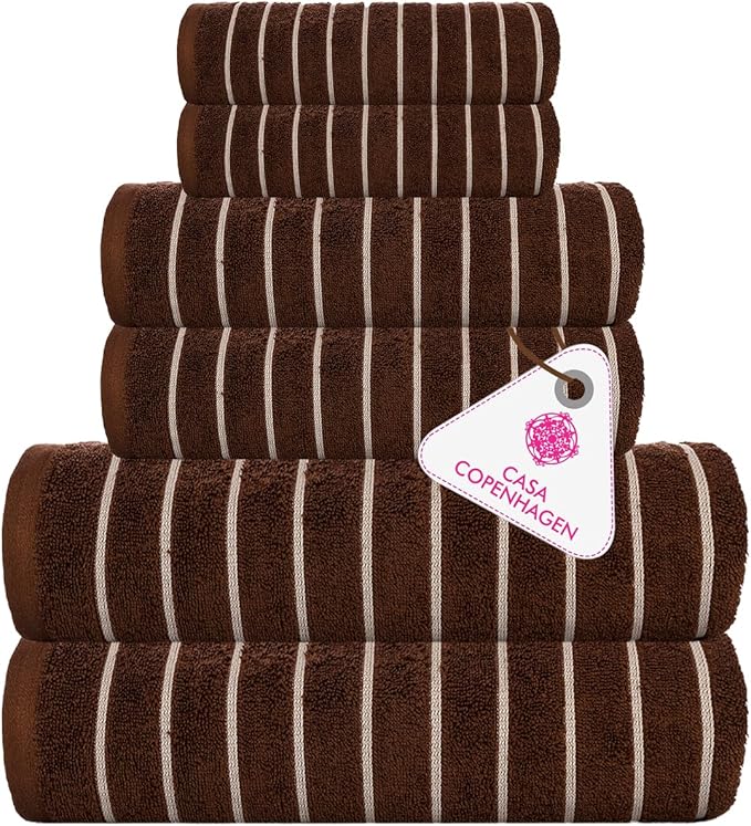 CASA COPENHAGEN Ecstatic 6 Pieces Towel Set- Brown, 600 GSM 2 Bath Towel 2 Hand Towel 2 Washcloth, Designed in Denmark Made of Soft Egyptian Cotton for Bathroom, Kitchen & Shower