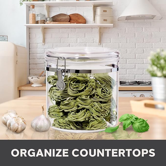 Oggi Jumbo Clear Canister with Clamp Lid, 150 oz - Airtight Food Storage Container, for Kitchen & Pantry Storage of Bulk, Dry Foods Including Pasta, Flour, Sugar, Coffee, Rice, Tea, Spices & Herbs