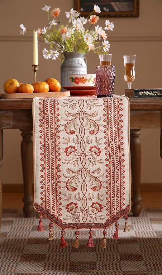 ISAENNE Designer Vintage Linen Extra Long Table Runner 118 Inches,Red Floral Pattern Modern Decor Table Runners for Dining Tables,Thanksgiving,Kitchen Tables,Christmas,Banquet,12"*118"-Chamonix A